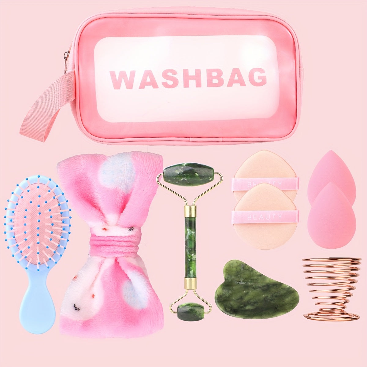 10pcs Facial Massage Set, Including 1 Double-Head Roller Massager, 1 Heart-Shaped Massage Board, 1 Pink Hair Band, 1 Long-Handled Hair Comb, 2 Air Cushion Powder Puffs, 2 Water Drop Beauty Eggs, 1 Metal Beauty Egg Stand, for